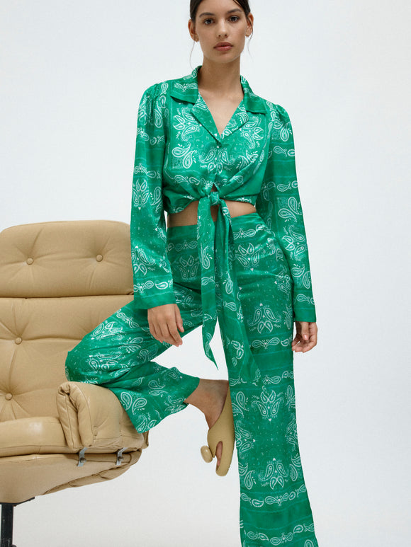 Yasmine Tie Front Shirt in Roame Bandana Emerald Green